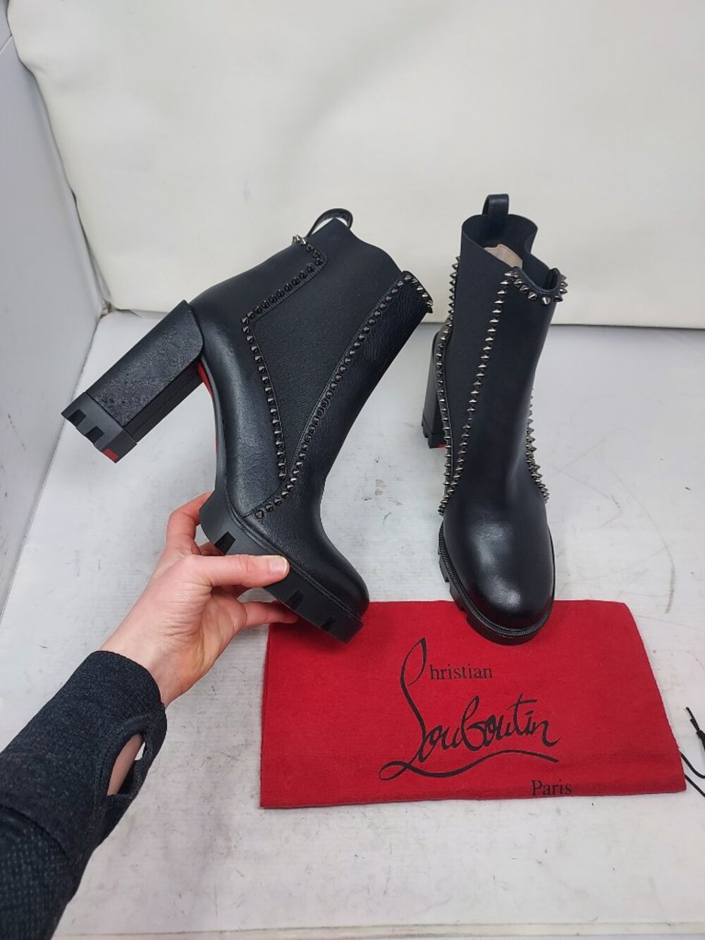 Christian Louboutin Black Out Line Stud Spike Lug Heel Leather Boot